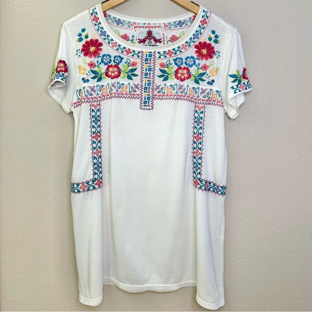 Johnny Was Embroidered Floral Tunic White Short Sleeve Top - Picture 7 of 7